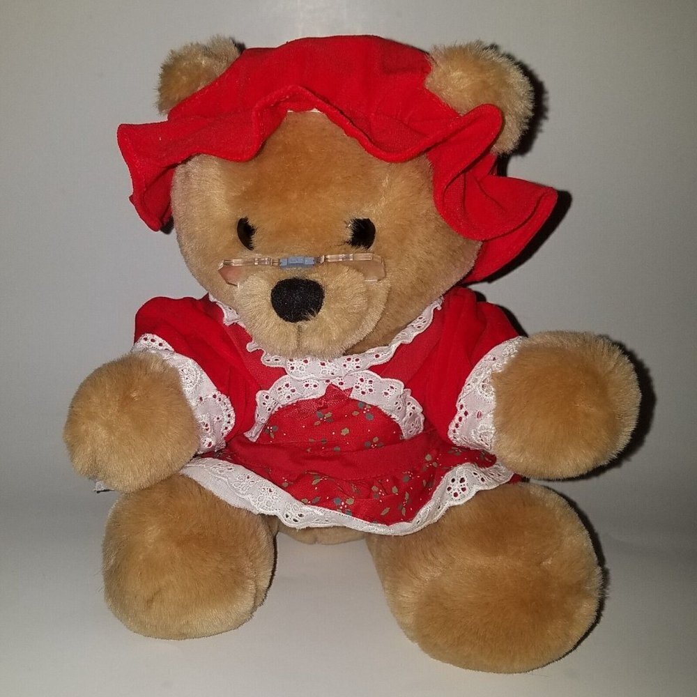 VTG Dakin 1986 Brown Teddy Bear Plush 10" Red Christmas Dress Glasses Grandma
